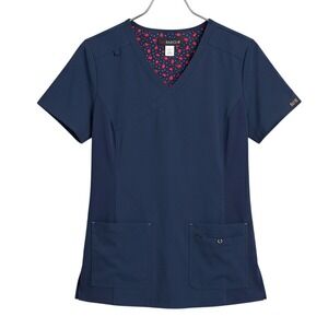 Koi Basics L Becca Mock Wrap Scrub Top Navy Blue Floral Trim Medical Uniform